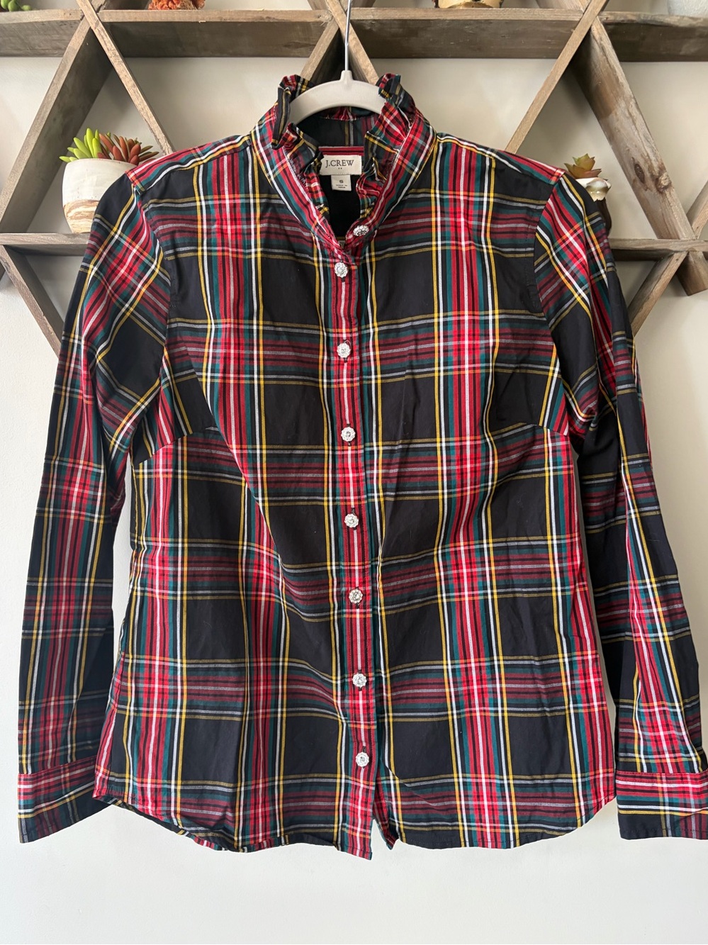 J.Crew Factory Ruffle Plaid Blouse With Rhinestone Buttons. Size small.